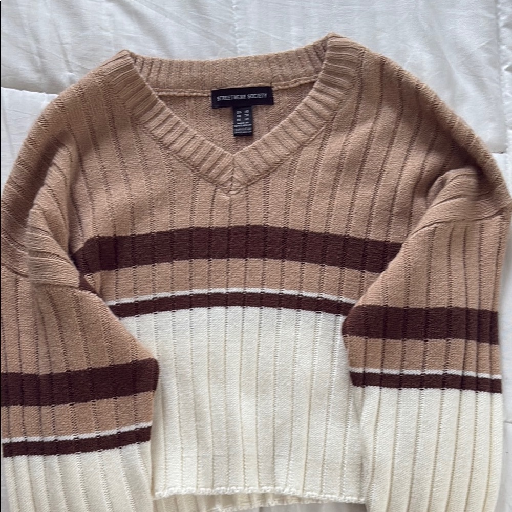 Streetwear Society V-Neck Sweater in Brown and Cream